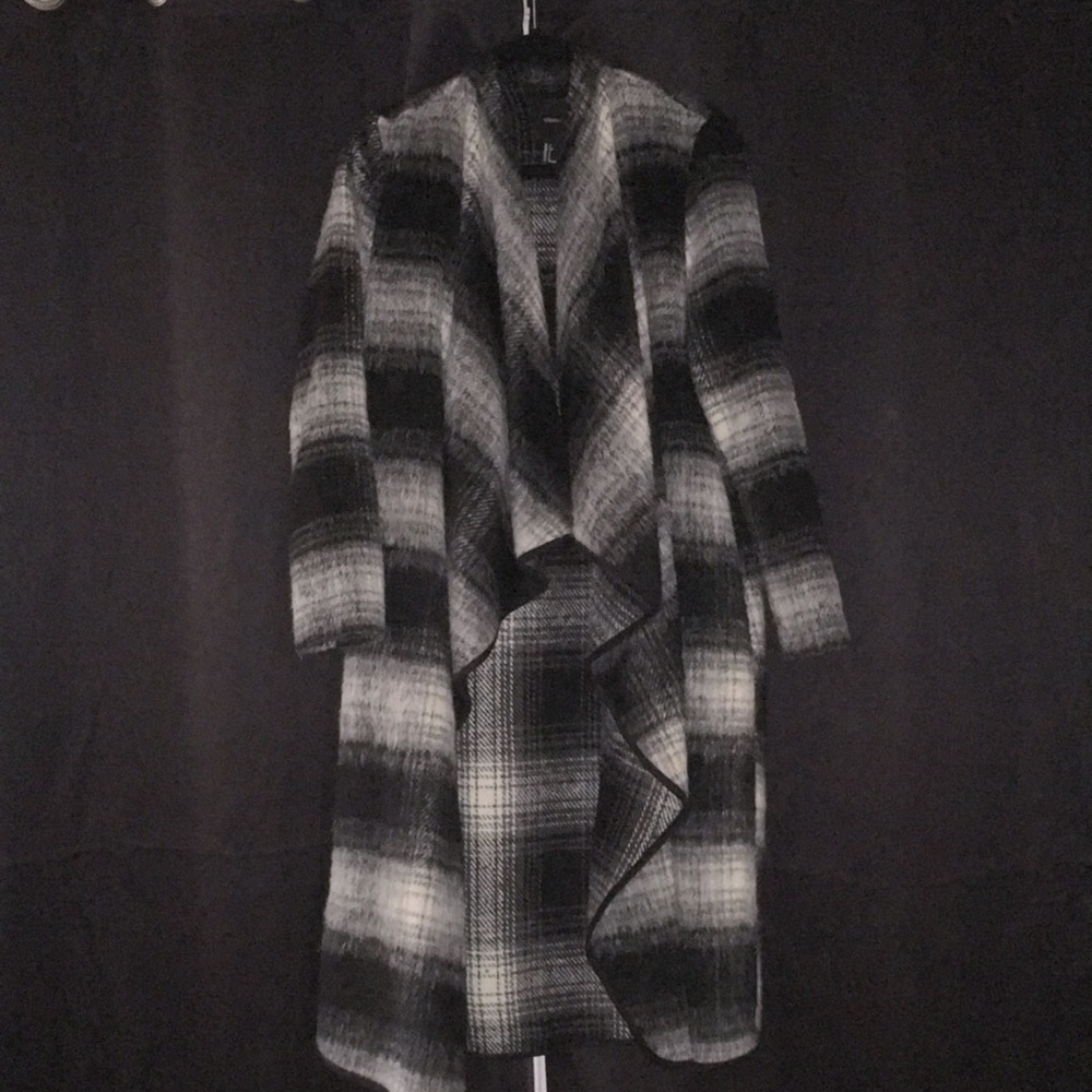 Long Gray & Black flannel Coat Size small
